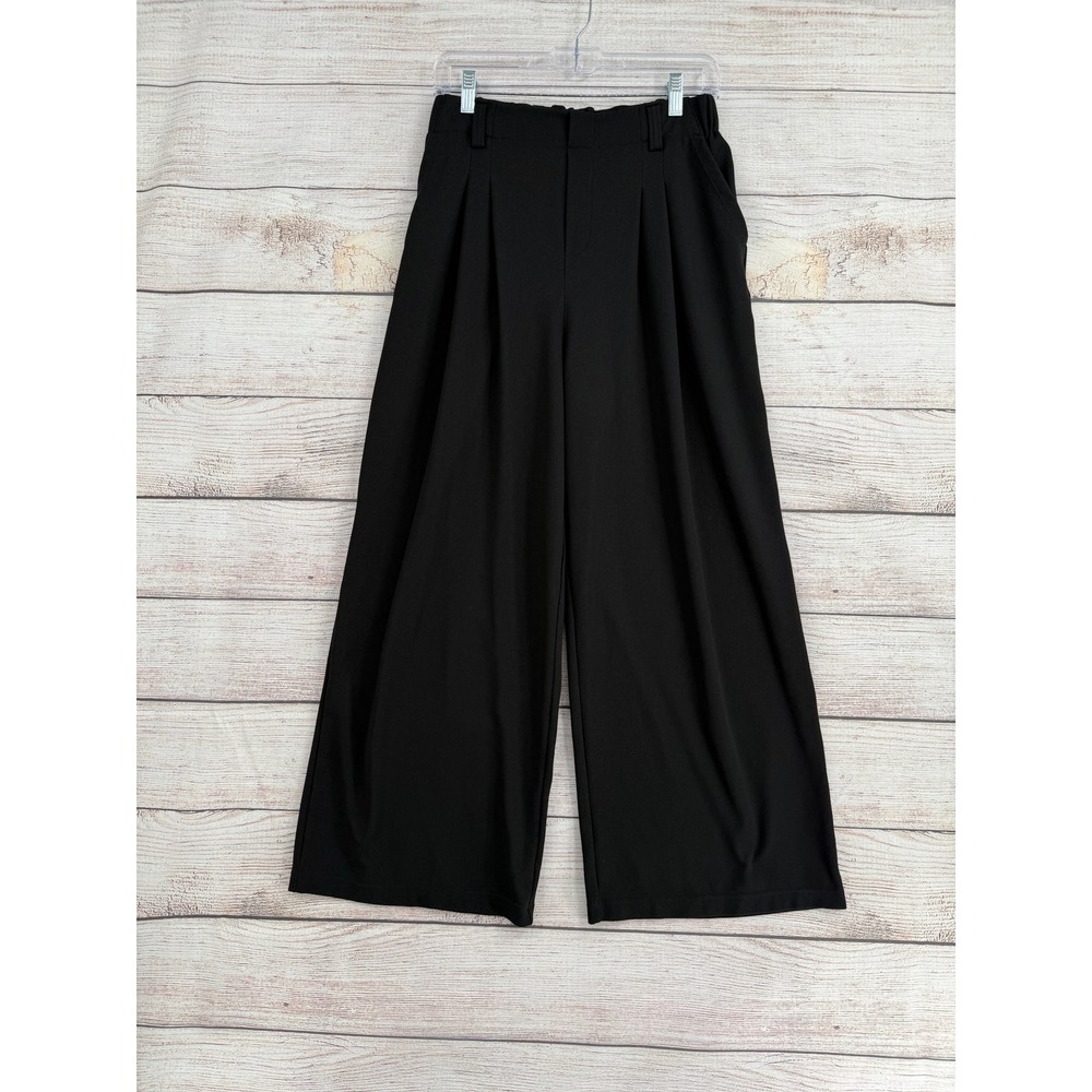 Halara Wide Leg Pants Women M Petite Black Pleated High Waist Waffle Knit
